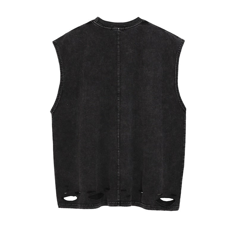 Men Vest Vintage Gothic Cross Washed Distressed Vest