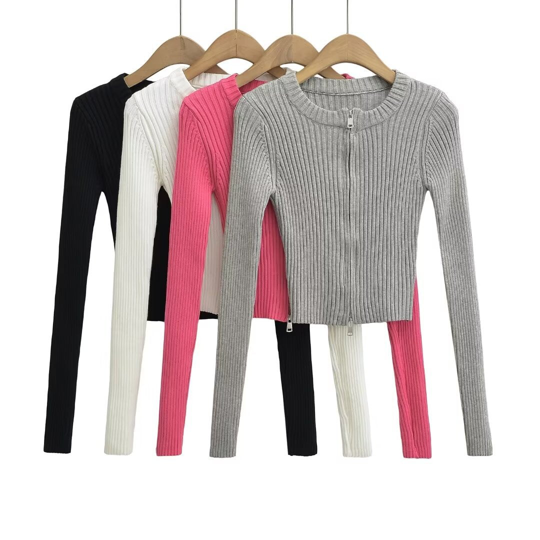 Women Tops Spring/Summer Double Zipper Knitted Cardigan Short Top
