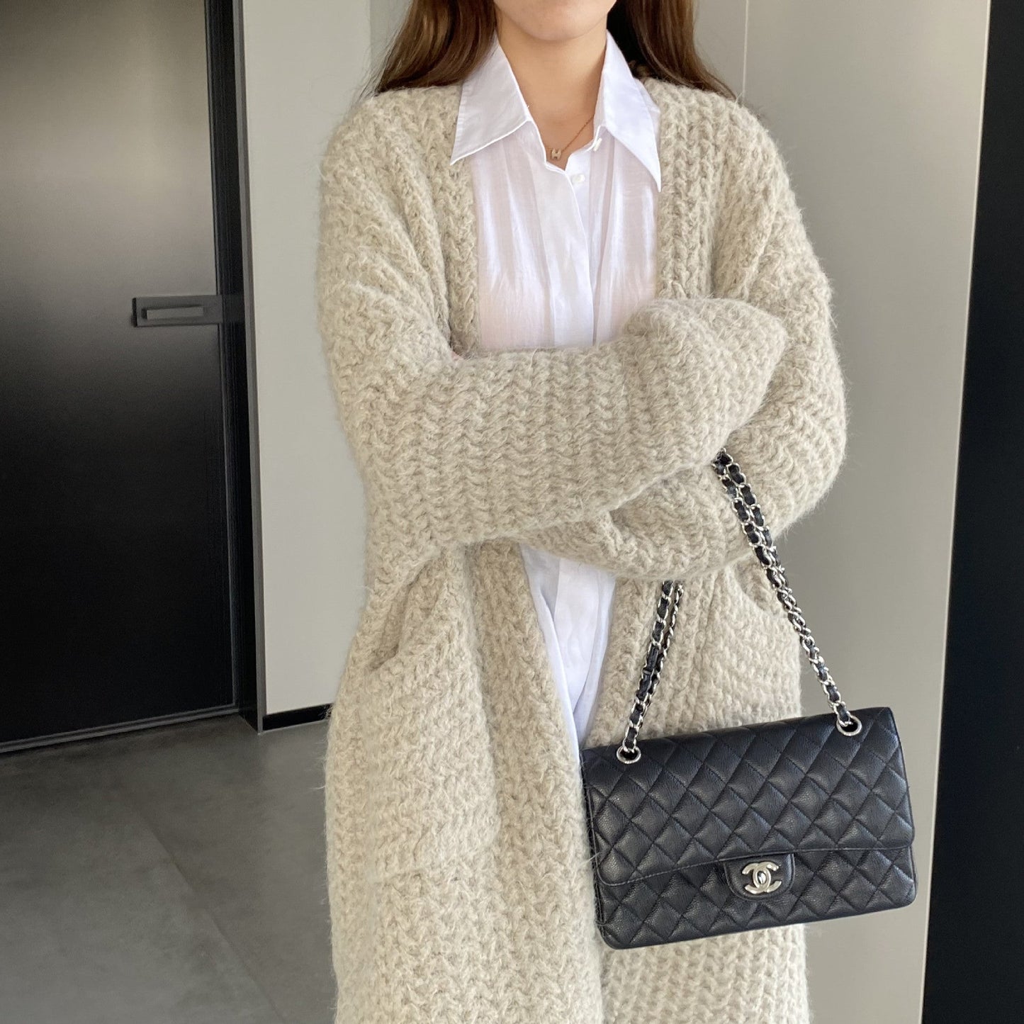 Women Cardigan Sweater Autumn and Winter Loose Pocket Texture Interwoven Long Cardigan Jacket Kc81