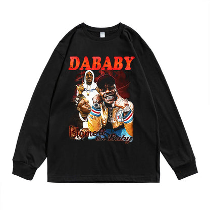 Rock Star T Shirt Dababy Character Print T-shirt Long Sleeve Loose Cotton Men and Women Casual