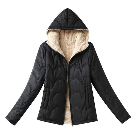 Women Cotton Coat Hooded Loose Fleece-lined Imitation Lamb Wool