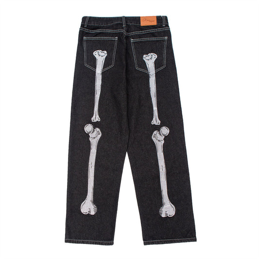 Men Jeans Bone Embroidery Pattern Loose Wide Leg Straight Trend