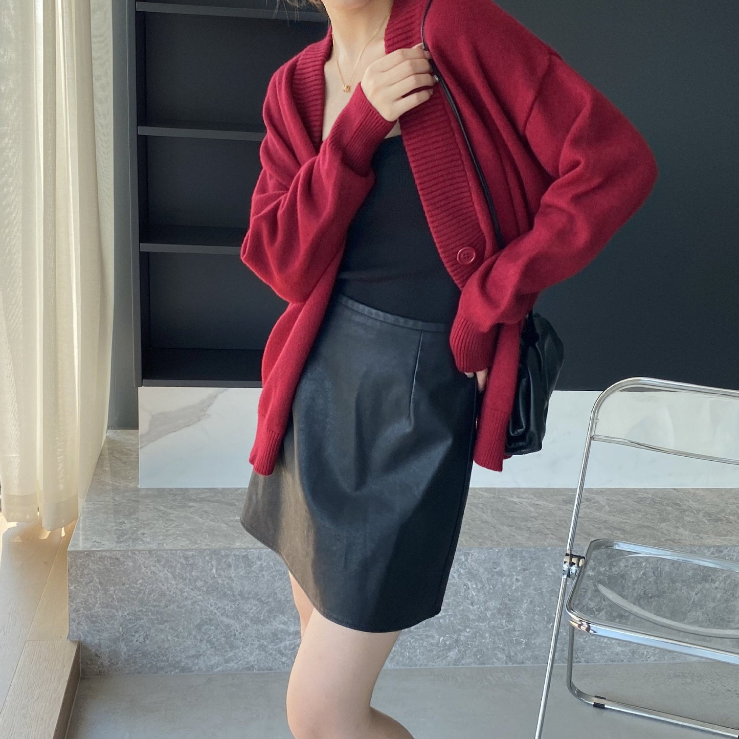 Women Cardigan Sweater Cardigan Single-Breasted V-neck Mid-Length Knitted Jacket 8t8278