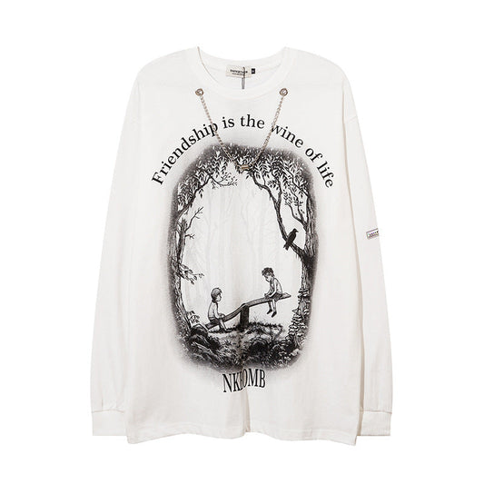 Men Long Sleeve T-Shirt Childhood Scene Necklace Decoration