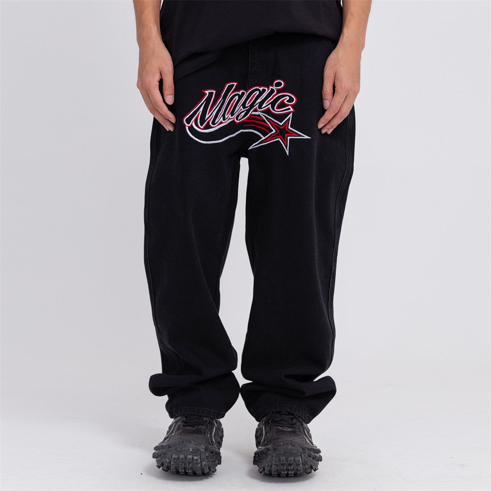 Men Jeans Embroidery Pants Loose Wide Leg Leisure