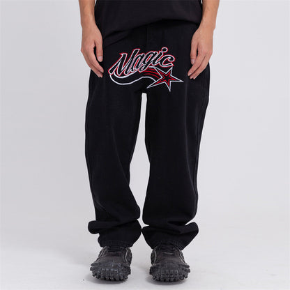 Men Jeans Embroidery Pants Loose Wide Leg Leisure