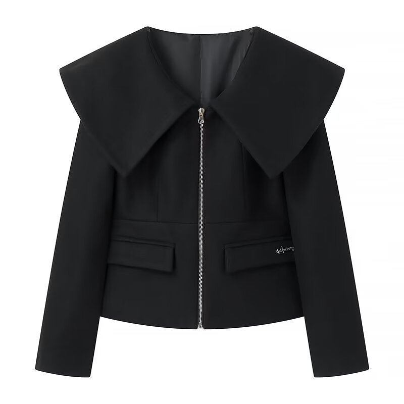 Women Tops Spring/Summer Lapel Zipper V-neck Short Coat Solid Color Top