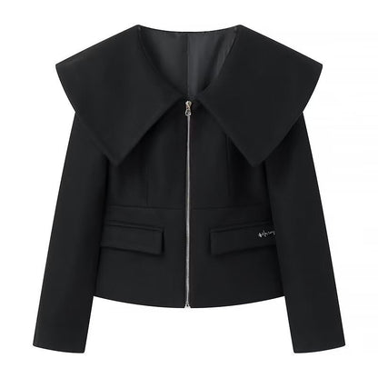 Women Tops Spring/Summer Lapel Zipper V-neck Short Coat Solid Color Top