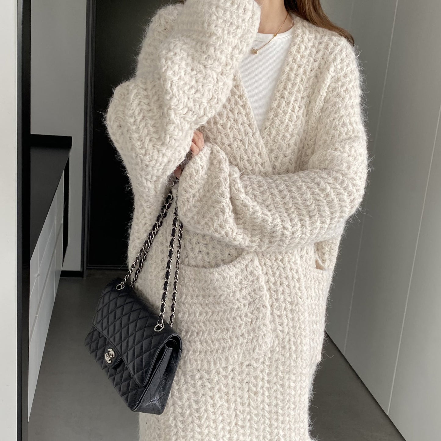 Women Cardigan Sweater Autumn and Winter Loose Pocket Texture Interwoven Long Cardigan Jacket Kc81