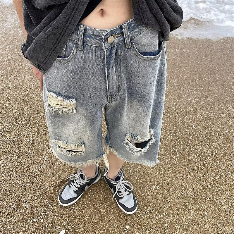 Men Jeans Hole Repair Denim Shorts Summer Vintage Shorts