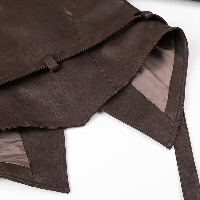 Women Tops Spring Retro Coffee Color Brown Leather Coat V-neck Lace-up Top