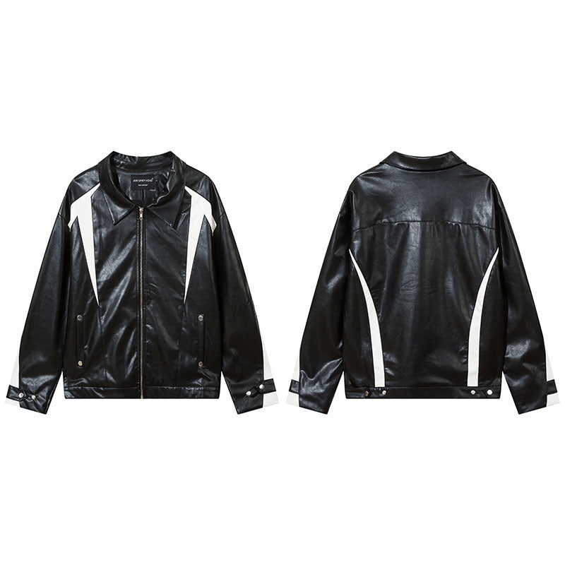 Women Jackets PU Leather Color Contrast Patchwork Motorcycle Jacket Vintage