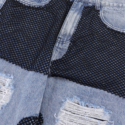 Men Jeans Stitching Ripped Leisure Wide Leg