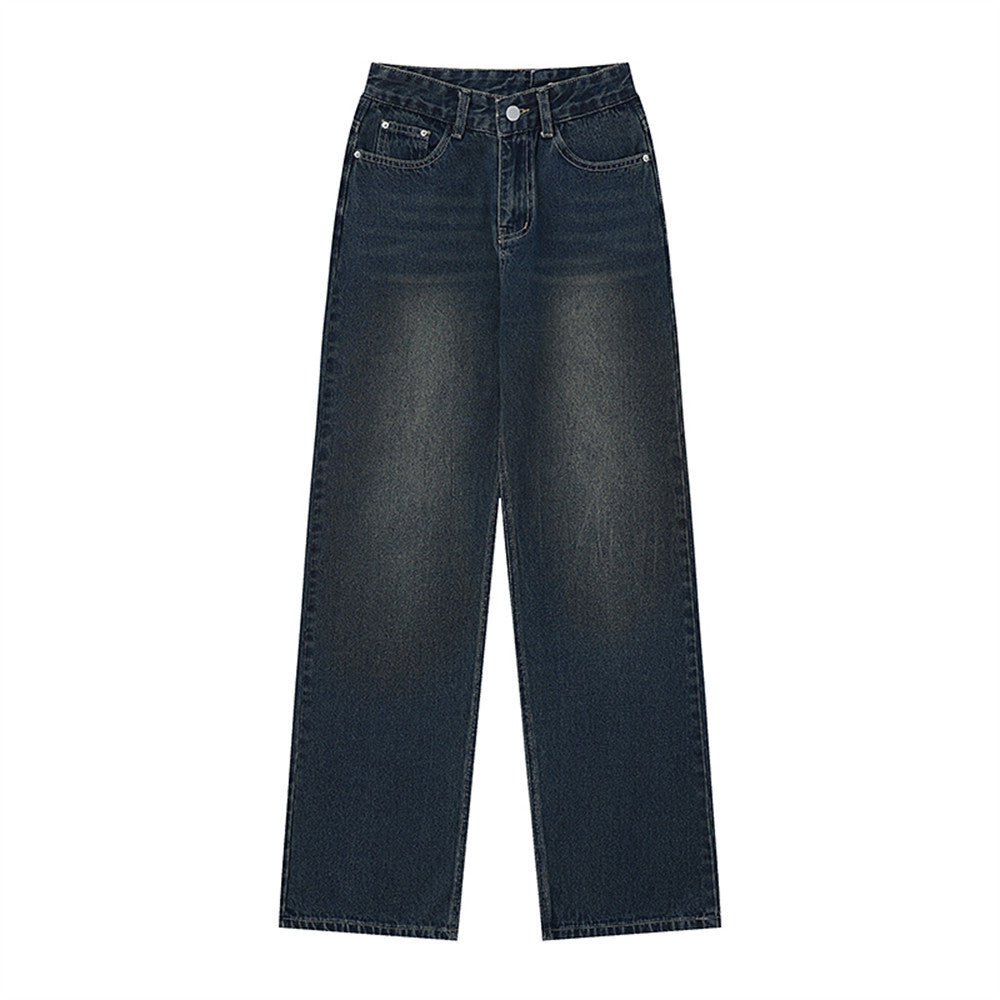 Women Pants Fastener Decoration Straight Jeans Women Loose Wide Leg Pants Retro Trousers