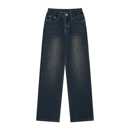 Women Pants Fastener Decoration Straight Jeans Women Loose Wide Leg Pants Retro Trousers