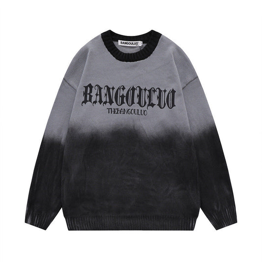 Women Sweater Tie-Dyed Tapered Collar Knitted Sweater Cross Loose All-Match