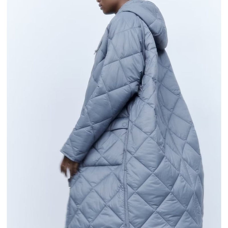Women Cotton Coat Diamond Lattice Loose Decorative Blue Hooded Jacket