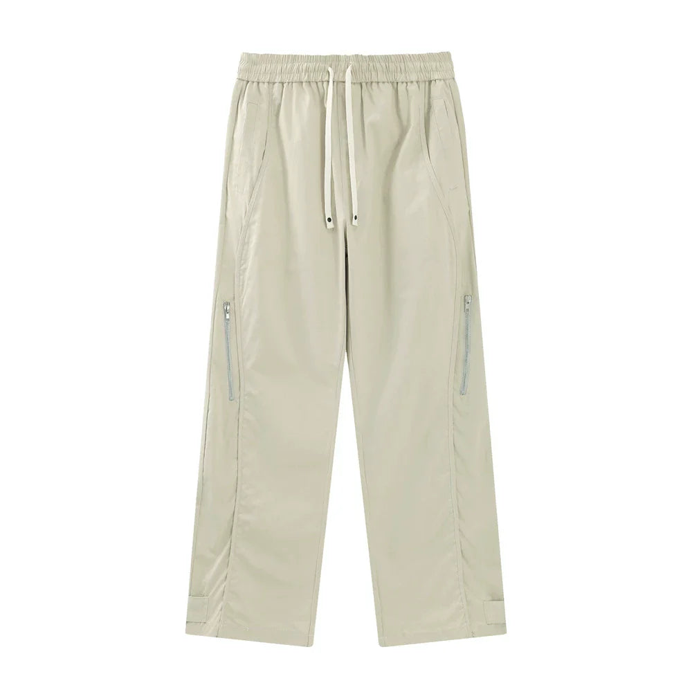 Men Sweatpants Zipper Casual Pants Men's Summer Loose Pure Cotton Straight Wide Leg Pants