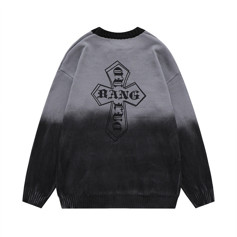 Women Sweater Tie-Dyed Tapered Collar Knitted Sweater Cross Loose All-Match