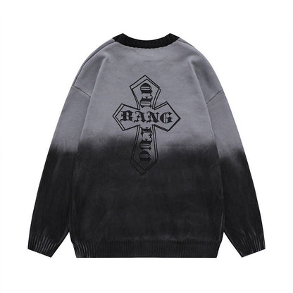 Women Sweater Tie-Dyed Tapered Collar Knitted Sweater Cross Loose All-Match