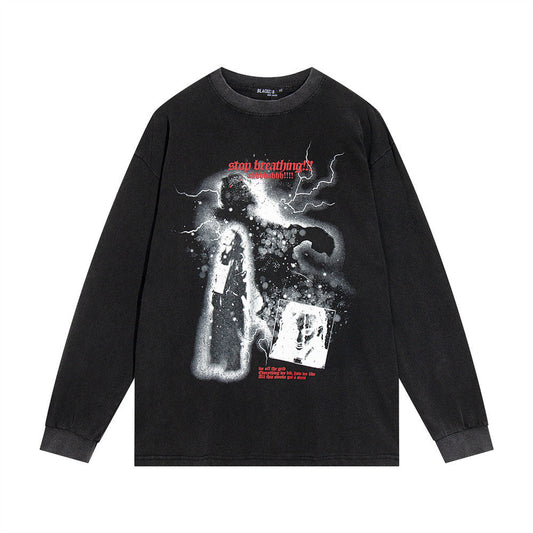 Men Long Sleeve T-Shirt Devil Portrait Pattern Hip-Hop Fashion Distressed