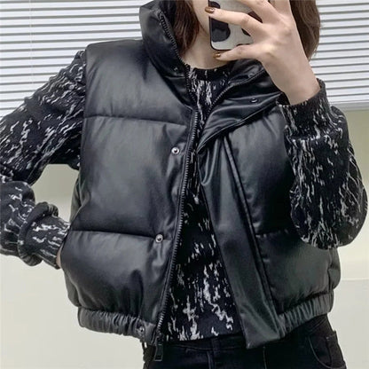 Women Cotton Coat Casual Stand Collar Imitation Leather Vest