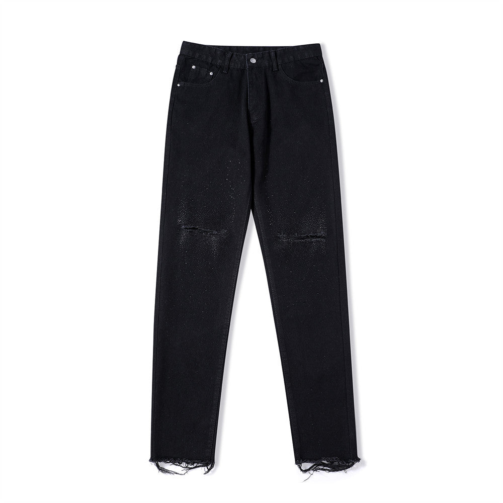 Men Jeans Raw Hem Ripped Casual Loose