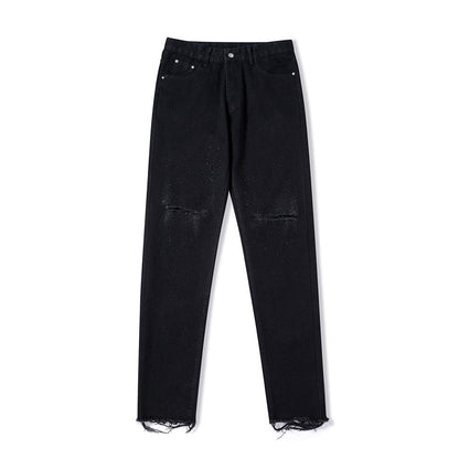 Men Jeans Raw Hem Ripped Casual Loose