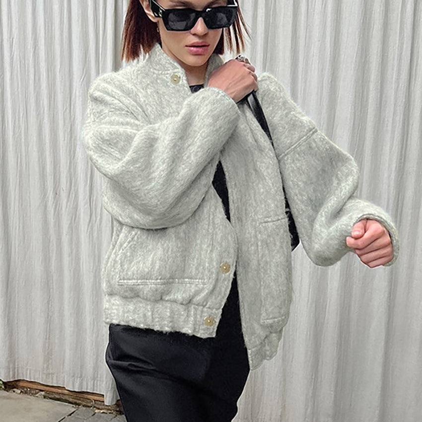 Women Trench Coat Autumn and Winter Stand Collar Baggy Coat Warm Bomber Jacket Coat