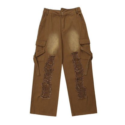Women Pants Ripped Multi-Pocket Jeans Hip Hop Washed Straight Loose-Fitting Wide-Leg Trousers