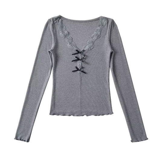 Women Tops Summer Lace V-neck Top Bow Slim T-shirt