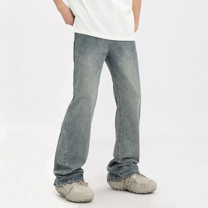 Men Jeans Retro Washed and Worn Ground White Slightly Flared Jeans