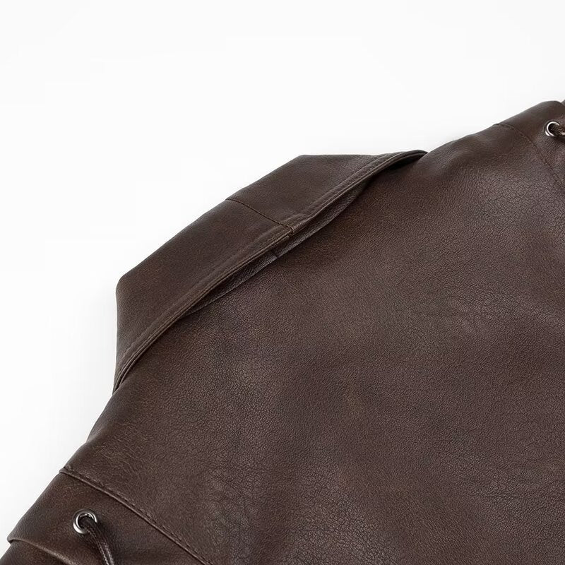 Women Tops Spring Retro Coffee Color Brown Leather Coat V-neck Lace-up Top