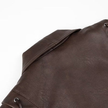 Women Tops Spring Retro Coffee Color Brown Leather Coat V-neck Lace-up Top