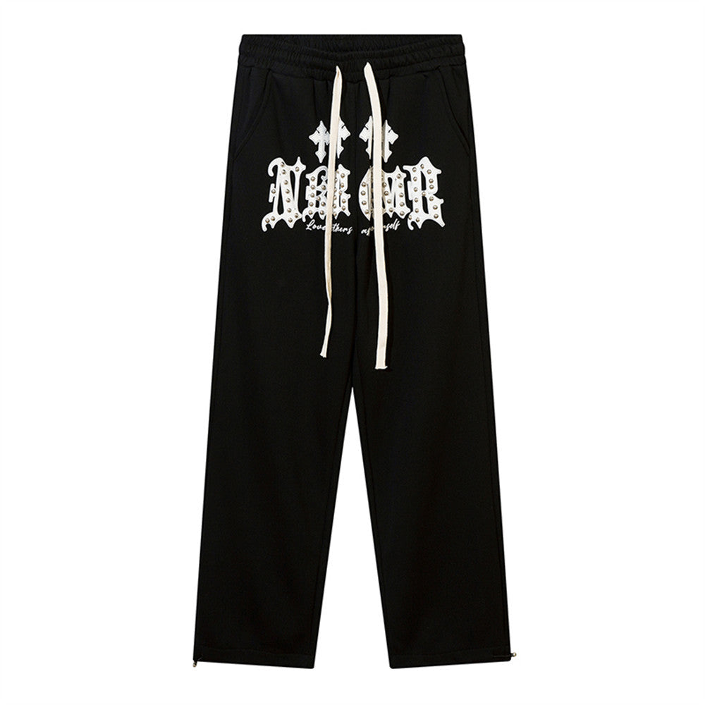 Men Sweatpants Letter Floral-Print Beaded Straight Sweatpants Exercise Casual Pants