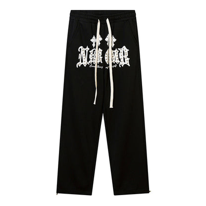 Men Sweatpants Letter Floral-Print Beaded Straight Sweatpants Exercise Casual Pants