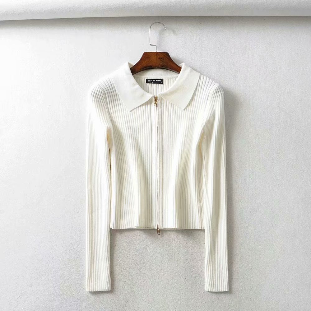 Women Sweater Knitwear Autumn Sexy Slim Lapel Double-Headed Zipper Navel Jacket
