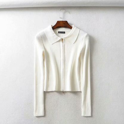 Women Sweater Knitwear Autumn Sexy Slim Lapel Double-Headed Zipper Navel Jacket