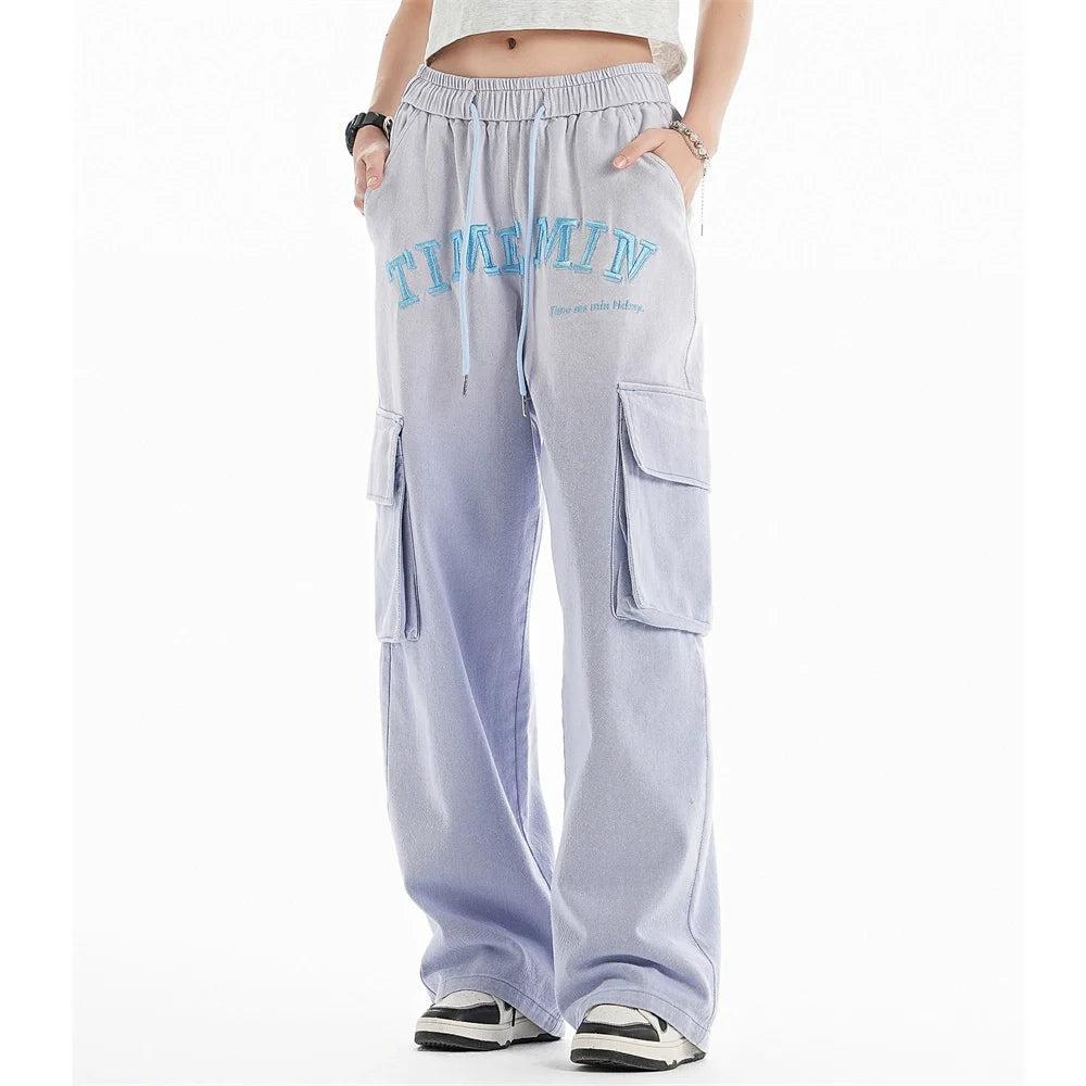 Men Sweatpants Wash Water Gradient Tie-Dye Straight-Leg Trousers Embroidery Loose Pockets Workwear Casual Pants