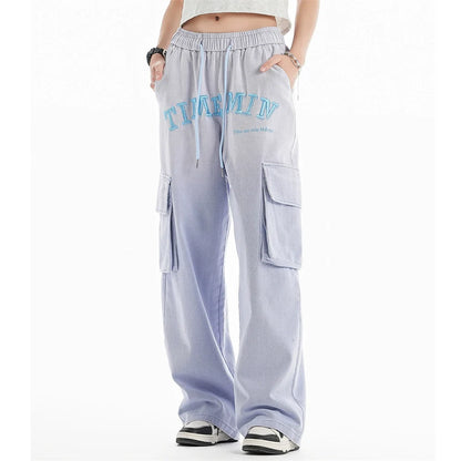Men Sweatpants Wash Water Gradient Tie-Dye Straight-Leg Trousers Embroidery Loose Pockets Workwear Casual Pants