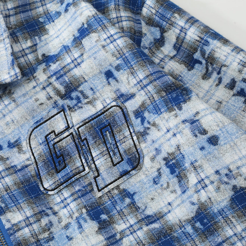 Men Jacket Coat Tie-Dyed Distressed Plaid Shirt Jacket Men's Loose Autumn Long Sleeve Zipper and Lapel Shirt Coat