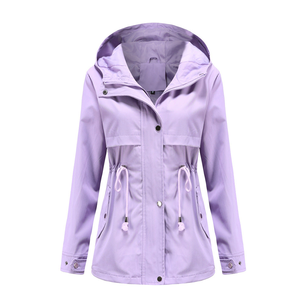 Women Trench Coat Mid-Length Hooded Jacket Long-Sleeved Raincoat