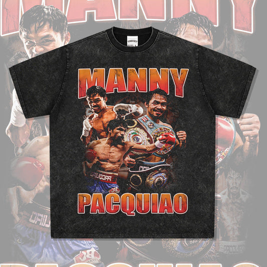 Mens Vintage Boxer T-Shirt Manny Pacquiao Pac Men Printed Short Sleeve T-Shirt Washed Top