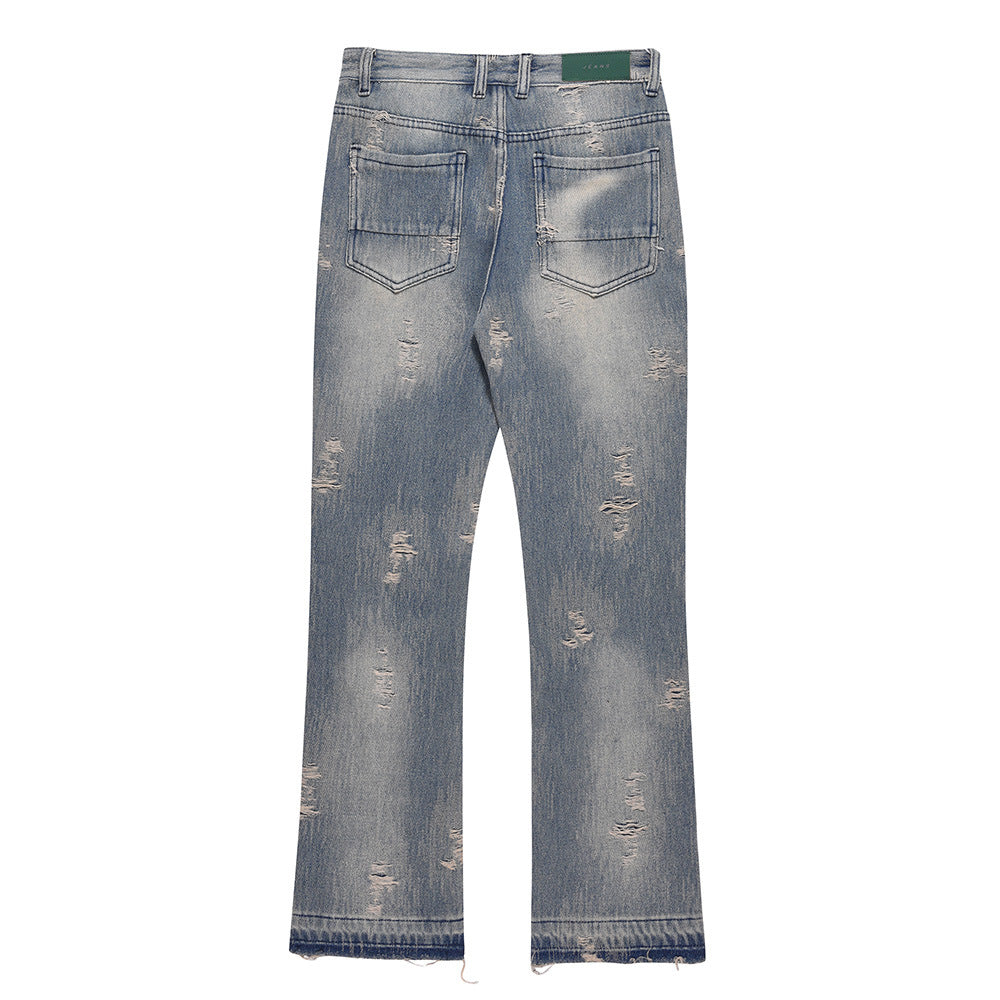 Men Jeans Hole Vintage Washed Loose Burrs Slightly Flared