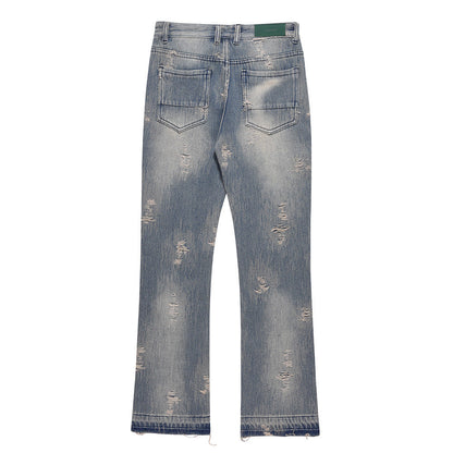 Men Jeans Hole Vintage Washed Loose Burrs Slightly Flared
