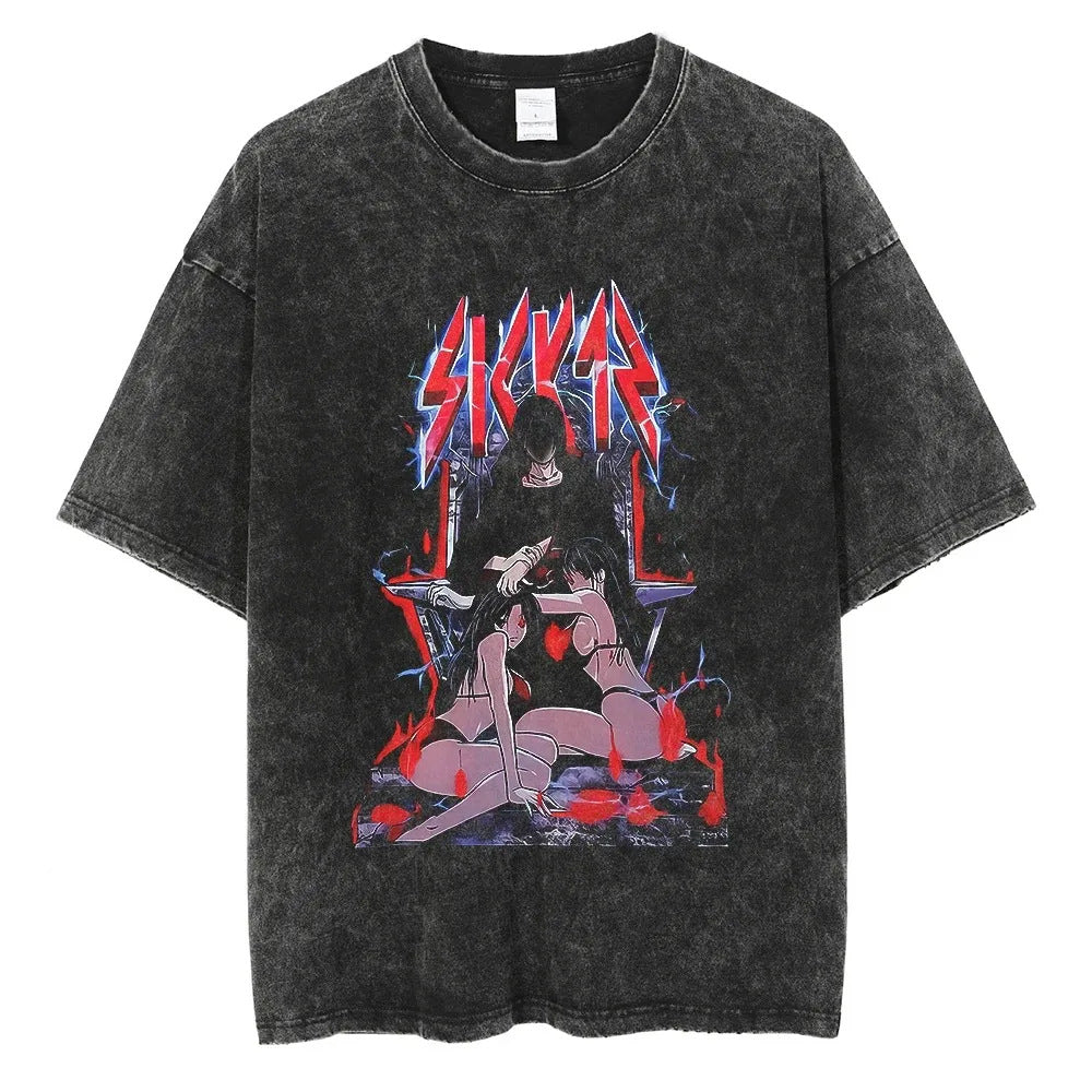 Men Women Washed T Shirt Black Japanese Anime Print T Shirt