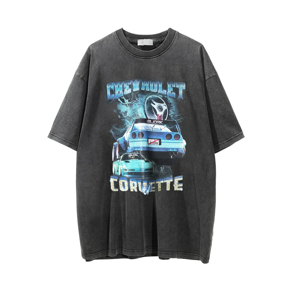 Men Vintage T-Shirt Printed Washed and Worn T-shirt Men's Loose Casual Short-Sleeved T-shirt