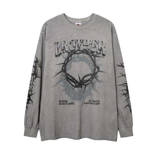 Men Long Sleeve T-Shirt Dark Graffiti Washed and Worn