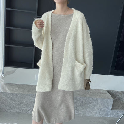 Women Cardigan Sweater V-neck Cardigan Jacket Long-Sleeved Loose Sweater Women's Mid-Length Coat 3t667