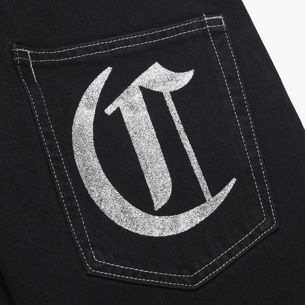 Men Jeans Hip Hop Print Baggy Pants Foot Burr